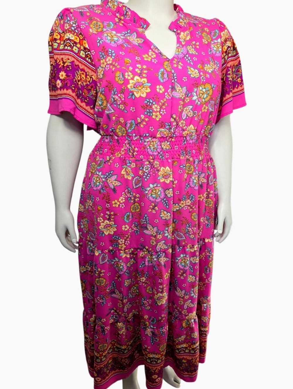 Haptics 3X Fuchsia Floral Maxi Dress Puff Sleeve Boho Fit Flare NWT